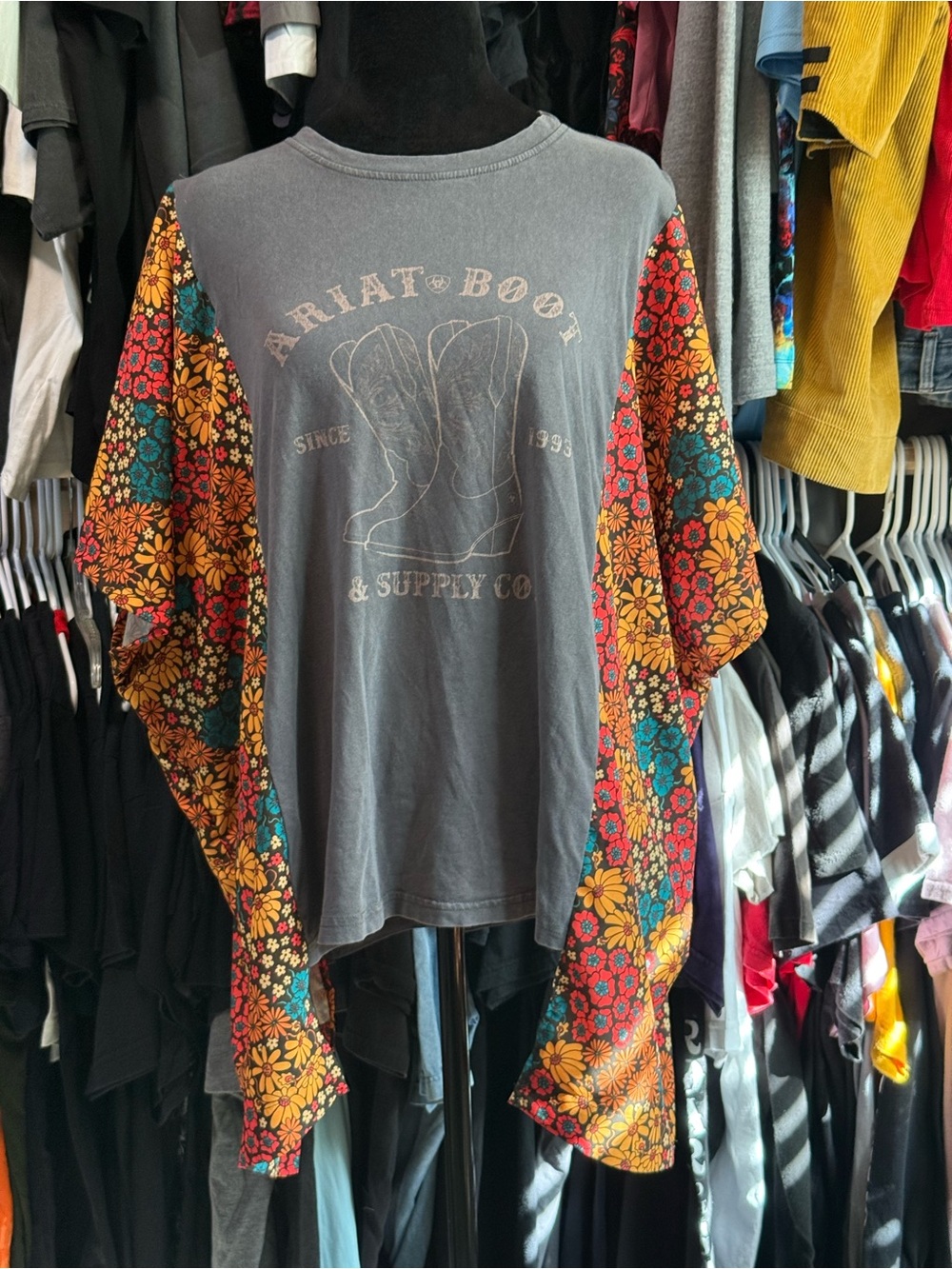 Handmade reworked Ariat Gray Tee with Bright Floral Patchwork Sleeves